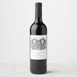 Elegant Gay Bröllop 2 Grooms i Kostym Vinflaska Etikett