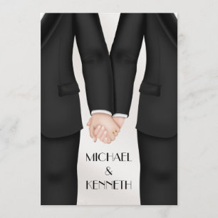 Elegant gay bröllop brudgum som håller hand inbjudningar