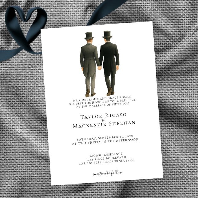 Elegant gay bröllop Två brudgummar i morgonrock Inbjudningar (Elegant Gay Wedding Two Grooms in Morning Suits Invitation by Ricaso. Exclusive to Zazzle.)