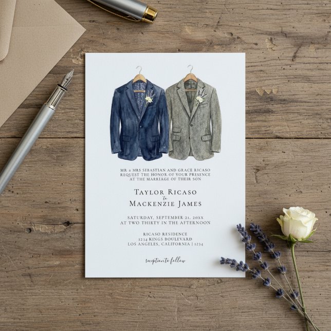 Elegant gaybröllop Två brudgummar i kostym Inbjudningar (Elegant Gay Wedding Two Grooms in Suits Invitation
by Ricaso. Personalized same sex wedding cards)