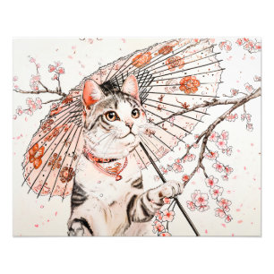 Elegant Geisha Katt med utsmyckad parasoll och kör Fototryck