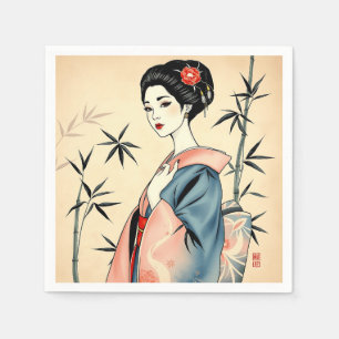 Elegant Geisha med Bamboo och Bläck Mönster Pappersservett