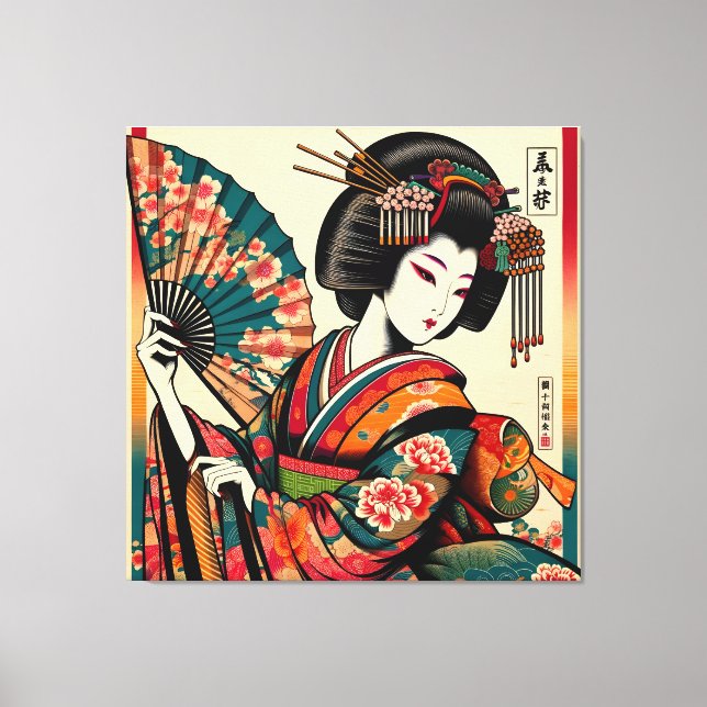 Elegant Geisha med Fläkt i Ukiyo-e Art Canvastryck (Framsida)
