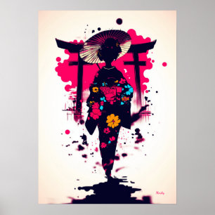 Elegant geisha under toriiporten poster