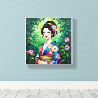 Elegant Geisha Wall Art - Blommigt Kimono Porträtt Canvastryck