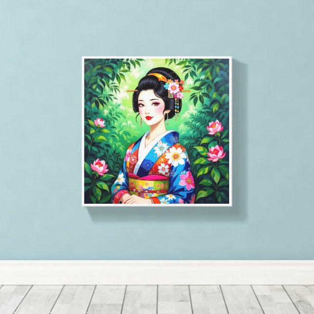 Elegant Geisha Wall Art - Blommigt Kimono Porträtt Canvastryck (Insitu (trägolv))