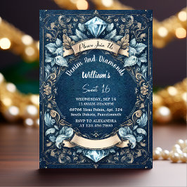 Elegant Gem Bling Denim och Diamonds Sweet 16 Inbjudningar