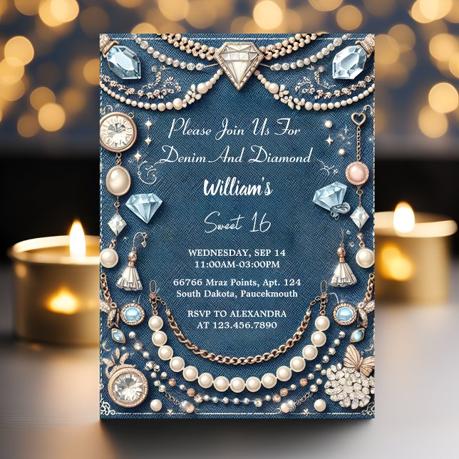 Elegant Gem Bling Denim och Diamonds Sweet 16 Inbjudningar (Skapare uppladdad)