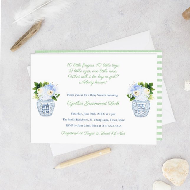 Elegant Gender Okänd Dikt Baby Shower Party Inbjudningar (Preppy Poem Gender Neutral Green And White Baby Shower Invitation)
