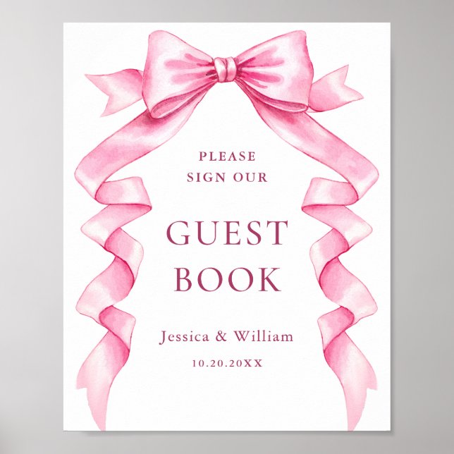 Elegant Gentle Rosa Bow vårt Guestbook Bröllop-tec Poster (Framsidan)