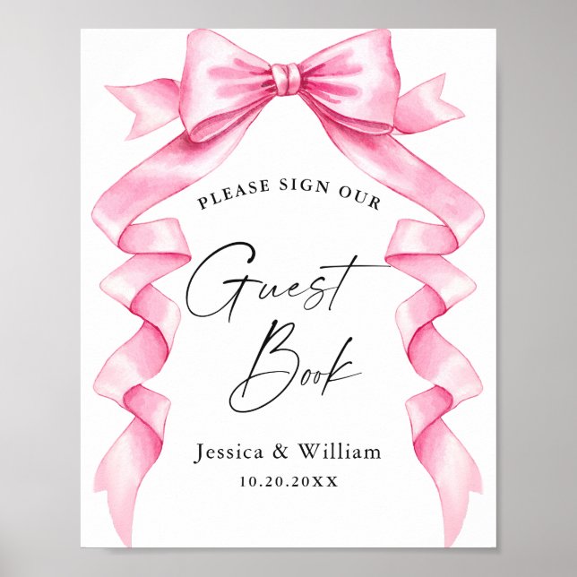 Elegant Gentle Rosa Bow vårt Guestbook Bröllop-tec Poster (Framsidan)