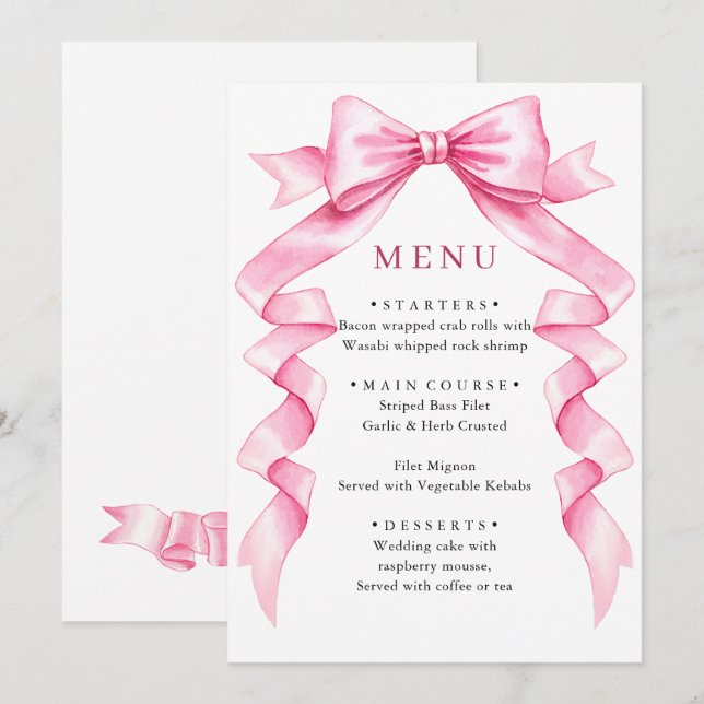 Elegant Gentle Rosa Hand plockade Bow Bröllop Meny (Fram/baksida)