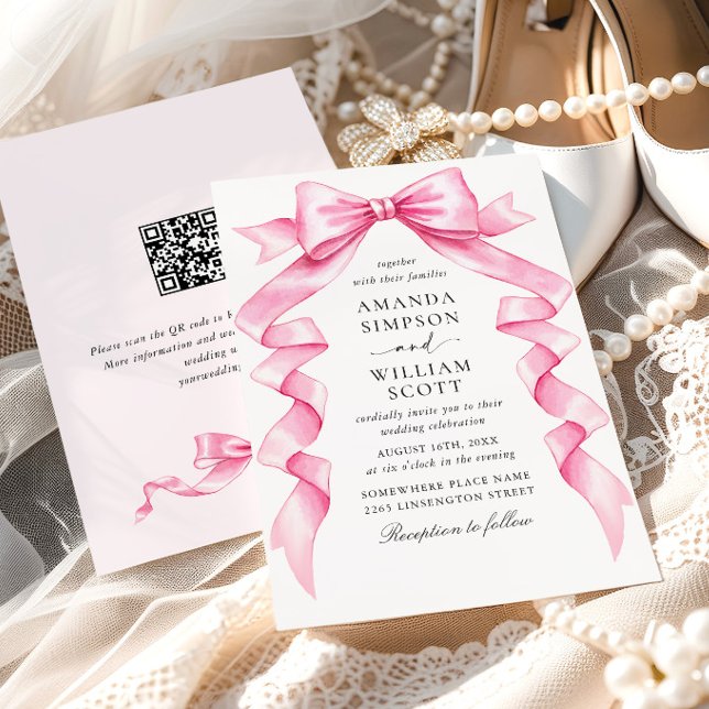 Elegant Gentle Rosa Hand plockade Bow Bröllop QR-k Inbjudningar (Skapare uppladdad)