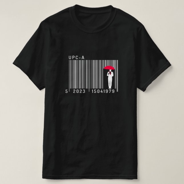 Elegant gentleman Man Holding an Parbrella Barcode T Shirt (Design framsida)