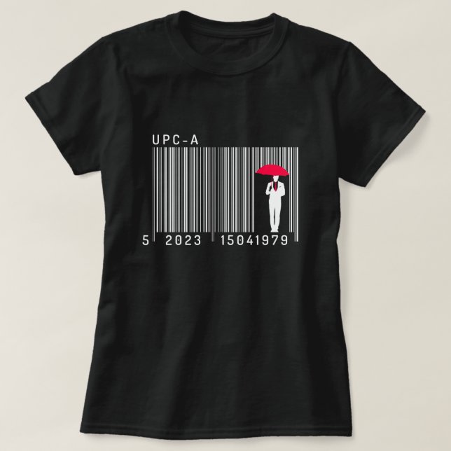 Elegant gentleman Man Holding an Parbrella Barcode T Shirt (Design framsida)