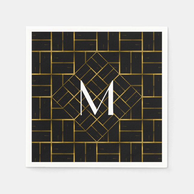 Elegant Geometric Guld Art Deco Mönster Monogram Pappersservett (Framsidan)
