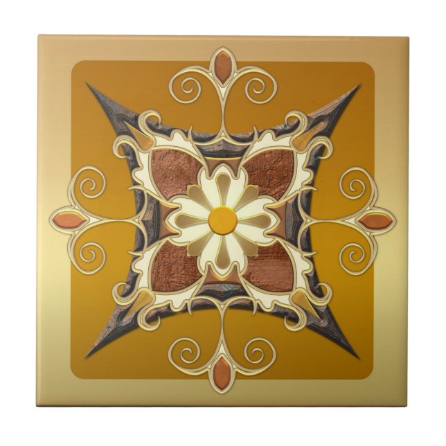 Elegant Geometric Guld Ocher Tile Kakelplatta (Framsidan)