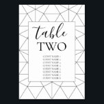 Elegant Geometric Mönster Bröllop Guest Namn Bordsnummer<br><div class="desc">Den här designen har en elegant svart och vitt geometriskt mönster. Den geometriska bakgrunden mönster skapar bakgrunden till perfekten för bröllop. Kombinationen av svart och vitt färg skapar ett sofistikerat, trendig och chic stil. bordsnummer-kort i elegant bröllop med modernt inslag. Den moderna uppställningen av typografin ge är ett tydligt stil....</div>