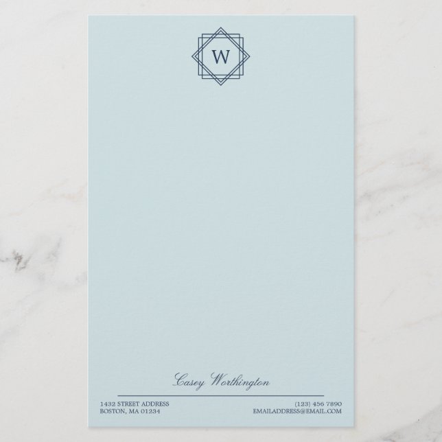 Elegant Geometric Navy Blue Monogram & Namn Brevpapper (Framsida)