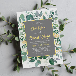 Elegant Geometric Ram foliage , Grått Bröllop Inbjudningar