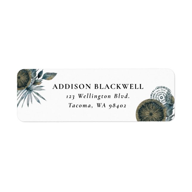 Elegant Geometric Teal Blue Guld Löv Returadress Etikett (Framsidan)