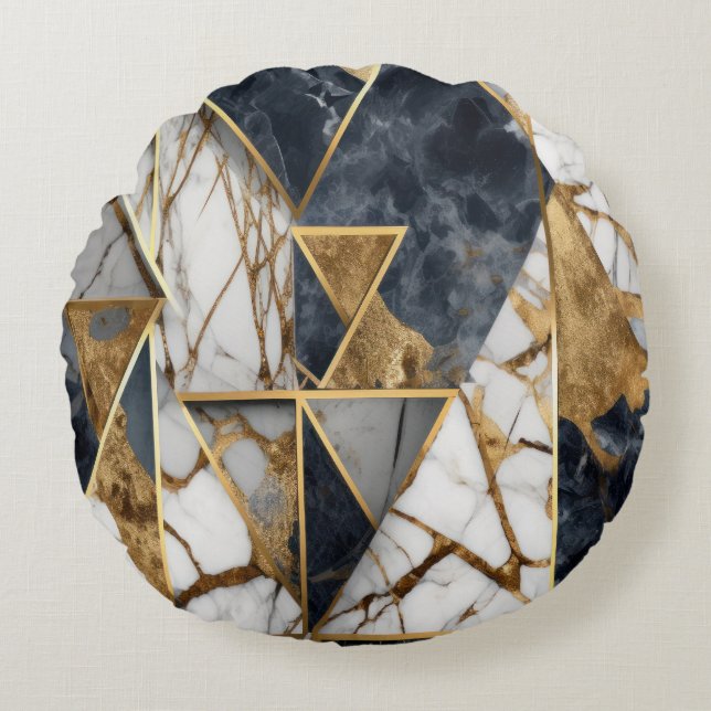 Elegant geometrisk guld svart marmor rund kudde (Framsidan)