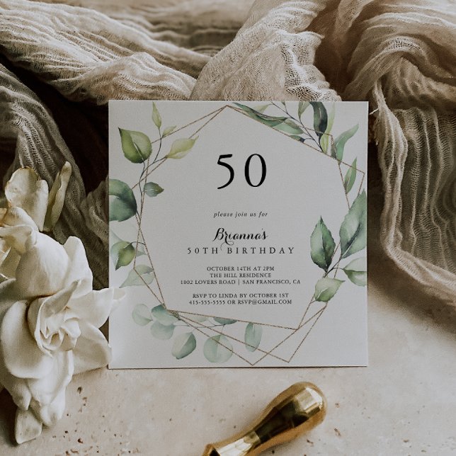 Elegant geometrisk guldfärgad grön 50-årsfest inbjudningar (Skapare uppladdad)