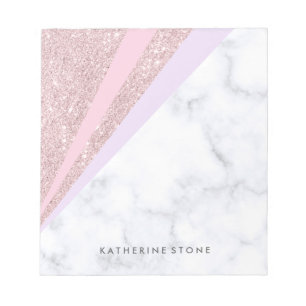 Elegant geometrisk rosa guld- glittervitmarmor anteckningsblock