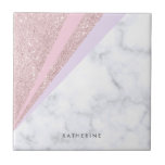 Elegant geometrisk rosa guld- glittervitmarmor kakelplatta<br><div class="desc">Flickaktigt och stilfull geometrisk design som presenterar rosa guld- glitter för faux,  vitmarmor,  rosor och lilor.</div>