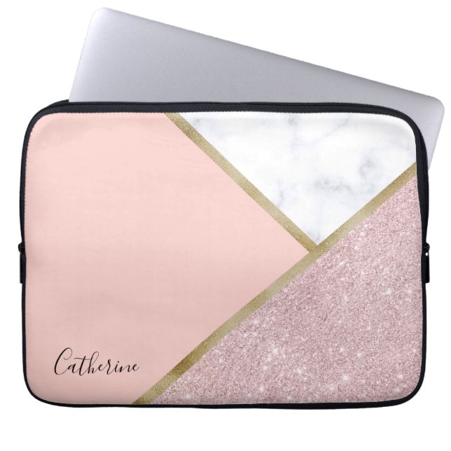 Elegant geometrisk rosa guld- glittervitmarmor laptop fodral (Framsidan)