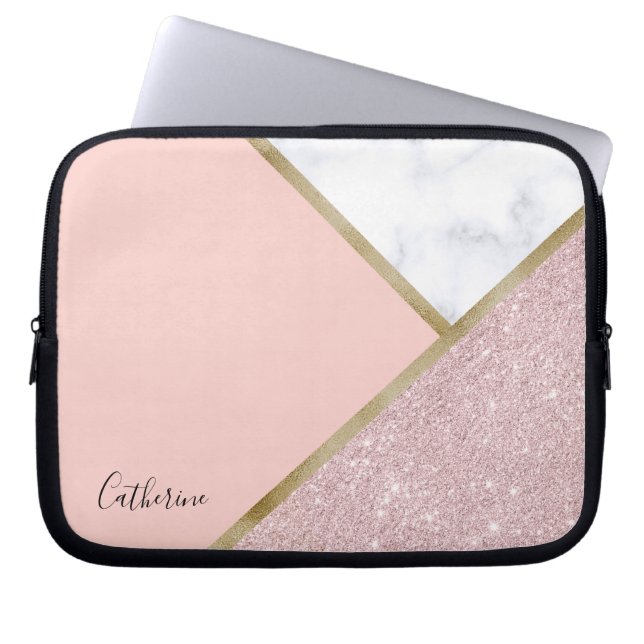 Elegant geometrisk rosa guld- glittervitmarmor laptop sleeve (Framsidan)