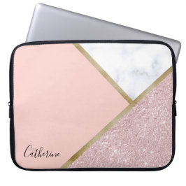 Elegant geometrisk rosa guld- glittervitmarmor laptop sleeve