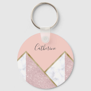 Elegant geometrisk rosa guld- glittervitmarmor nyckelring