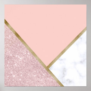 Elegant geometrisk rosa guld- glittervitmarmor poster