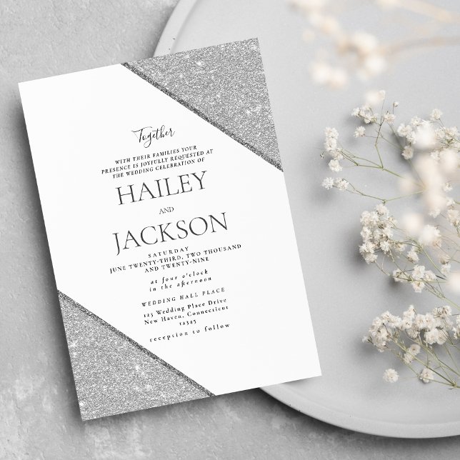 Elegant geometrisk vit silverglitterbröllop inbjudningar (Elegant geometric white silver glitter wedding)