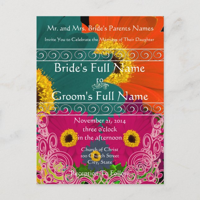 Elegant Gerber Daisy bröllopsinbjudan Swirls Inbjudan Vykort (Framsida)