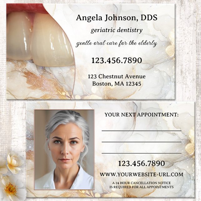 Elegant geriatrisk tandläkare  tidsbeställning kort (Geriatric dentist appointment  business card with teeth of an elderly lady and a porcelain design)