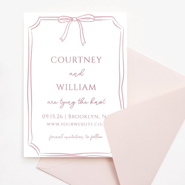 Elegant "Gifter sig" Handdränkt Bow Dusty Ro Spara Datumet (Invite your guests with this delicate dusty rose invitation—perfect for romantic, intimate weddings.)
