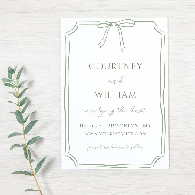Elegant "Gifter sig", handritad Grönt för baden Spara Datumet (This minimalist sage green invitation brings a natural, elegant touch to your special day. )