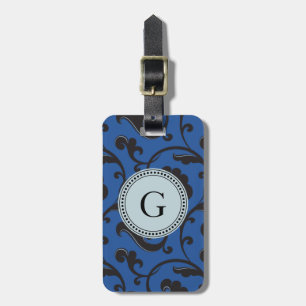 Elegant, giftigt blått blommönster, monogram bagagebricka