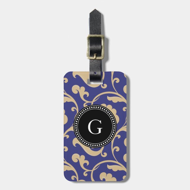 Elegant, giftigt blått blommönster, monogram bagagebricka (Vertikal Framsida)