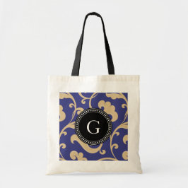 Elegant, giftigt blått blommönster, monogram tygkasse