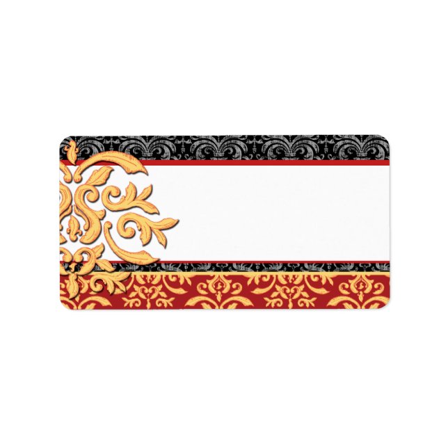 Elegant Gilded Damask Ornamental Red & Guld Adressetikett (Framsidan)