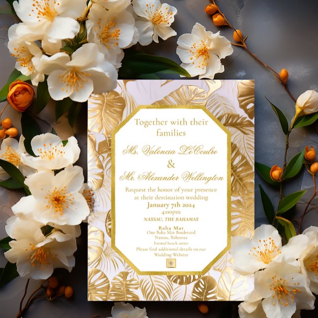 Elegant Gilded Guld Monstera Destination Wedding Inbjudningar (Elegant Modern Destination Wedding Gilded Gold Monstera Leaf Invitation)