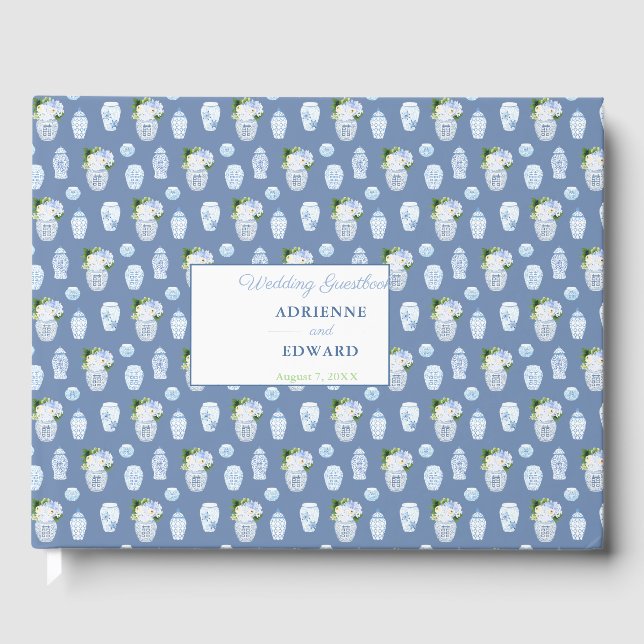 Elegant Ginger Burk Blue and White Bröllop Gästböcker (Framsida)
