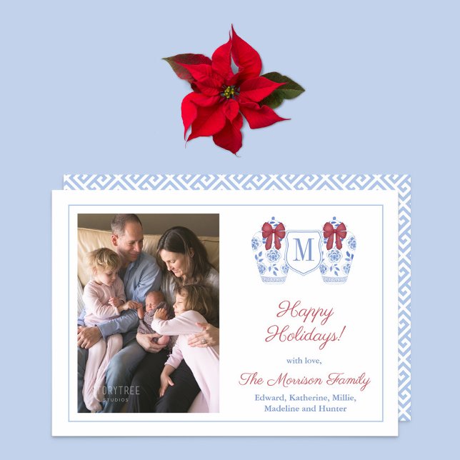 Elegant Ginger Burk Glad helg-familjen Bild Julkort (Preppy ginger jar with festive red bow family photo holidays card)