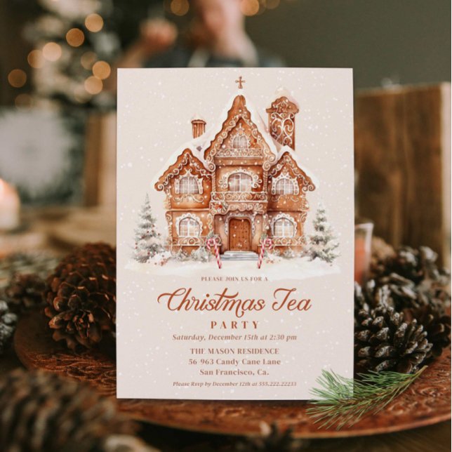 Elegant Gingerbröd House jul Tea Party Inbjudningar (Christmas Tea Party Invitation)