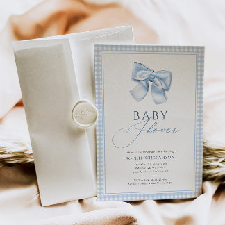 Elegant Gingham Blue Coquette Bow Baby Shower Inbjudningar