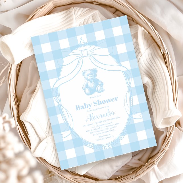 Elegant Gingham Fransk  Nalle Baby Shower Inbjudningar (Skapare uppladdad)