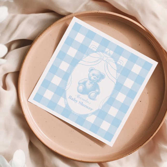 Elegant Gingham Fransk Teddybjörn Bebis Shower Pappersservett (Skapare uppladdad)